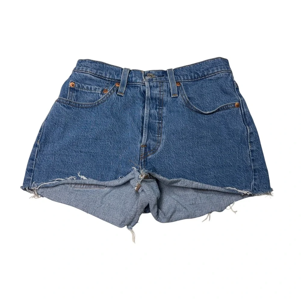 Levis 501 Original High Rise Denim Shorts Medium Wash Blue‎ Button Womens W26 L3